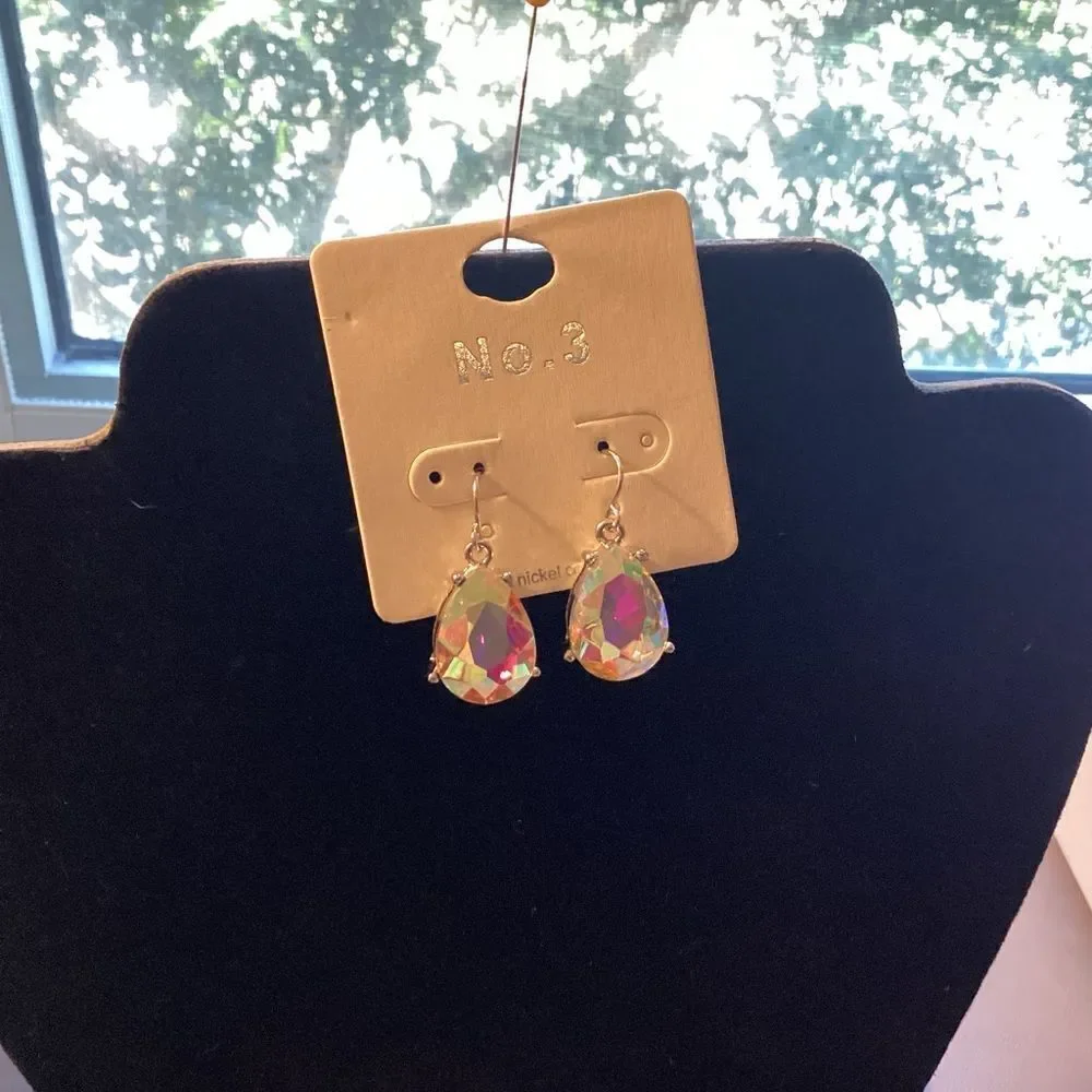 Iridescent Teardrop Earrings in Silvertone Basket Setting